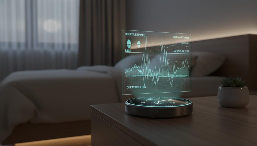 Advanced 2026 sleep trackers visualize delta waves and slow-wave sleep percentages.