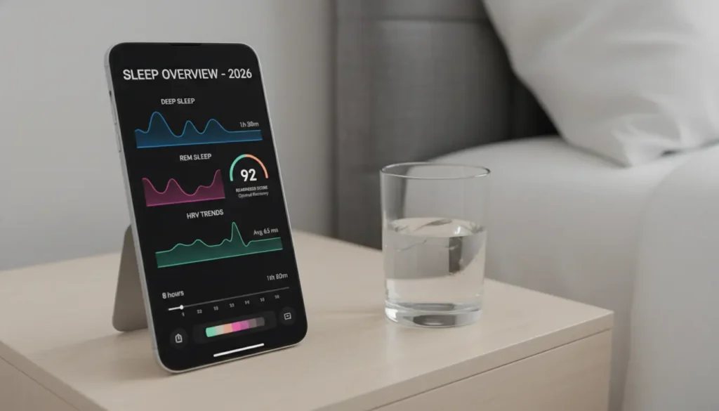 Advanced sleep tracking app interface showing sleep stages, HRV, and readiness scores