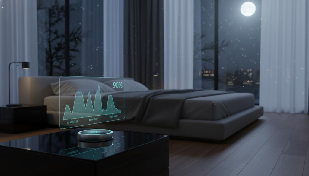 Biometric sleep tracking ring and amber reading lamp on a nightstand for circadian tracking