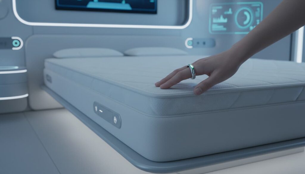 Close-up of a biometric smart ring tracking sleep metrics in a modern 2026 smart bedroom