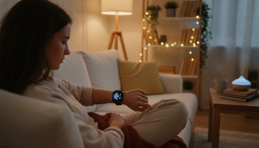 Person using a smartwatch for biofeedback and guided breathing before bedtime