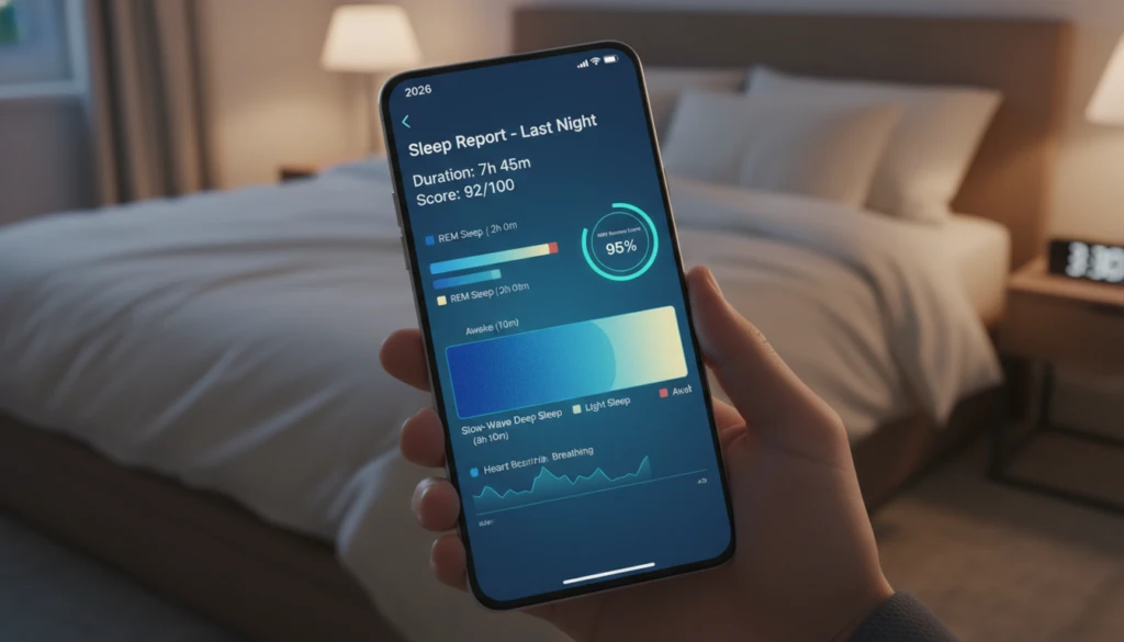 Smartphone interface displaying deep sleep stages, recovery scores, and HRV data from a wearable sleep tracker.