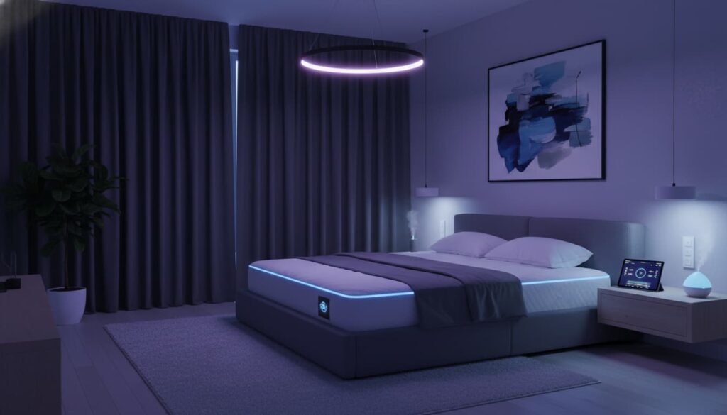 A modern bedroom optimized for the best sleep habits for deep sleep featuring dark curtains and a comfortable bed