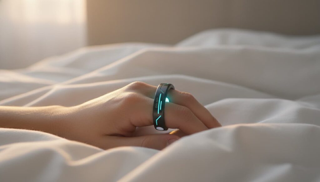 Advanced biometric sleep tracker ring on a person's hand resting on white bedding